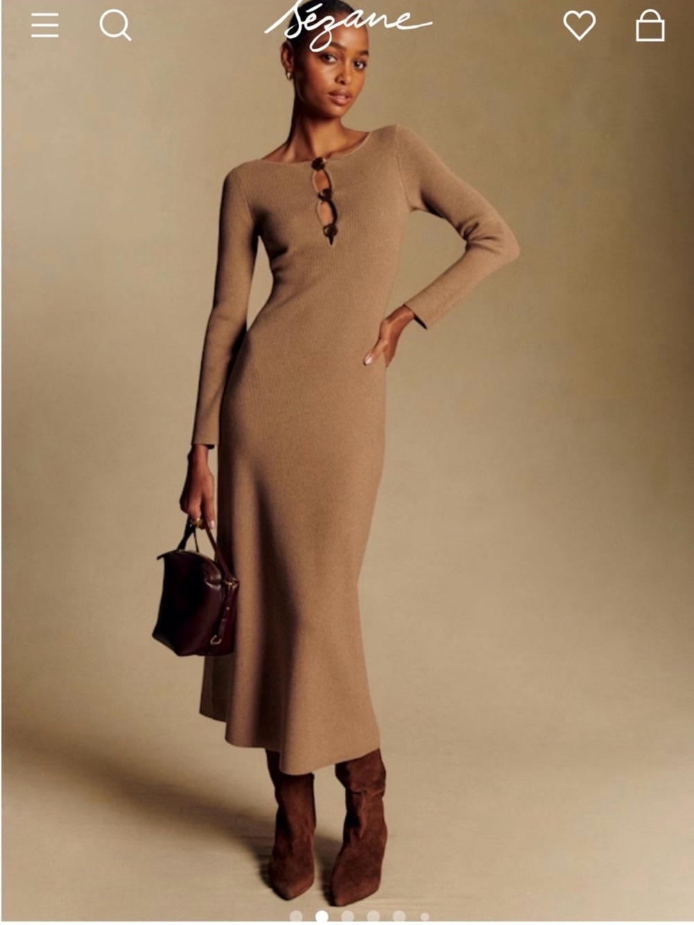 Sézane Camel Long-Sleeve Midi Knit Dress